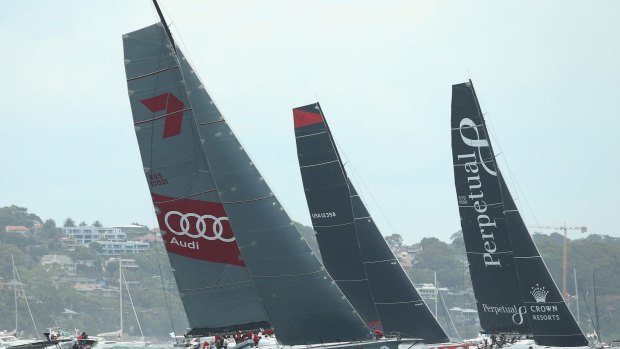 Tight tussle:  Super-maxi Comanche, centre,  battles it out with Perpetual Loyal and Wild Oats XI.