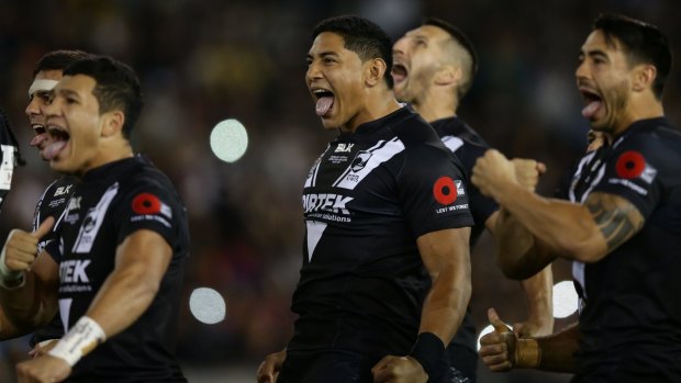 Strong tradition: Jason Taumalolo and Shaun Johnson lead the haka for New Zealand before the 2016 Anzac Test.