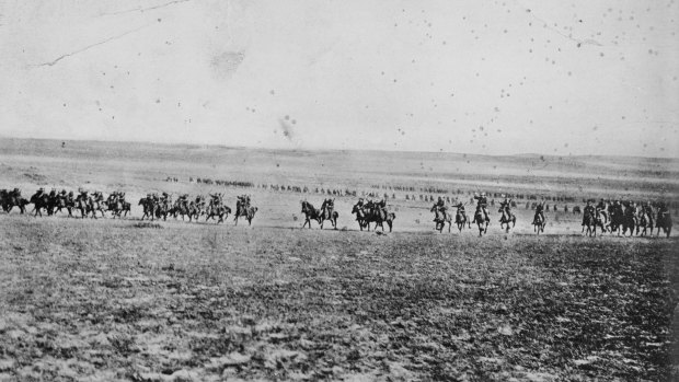 A photograph once believed to depict the charge of the 4th Light Horse Brigade at Beersheba on October 31, 1917. It is now believed to have been taken by photographer Frank Hurley in February 1918.  