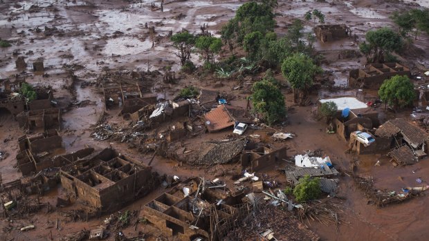 Homes lay in ruins after two dams flooded the small town of Bento Rodrigues in Minas Gerais state, Brazil. 