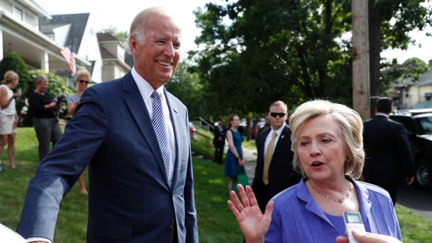 Biden on the presidential election campaign trail with Hillary Clinton in August last year