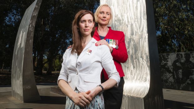 Firm friends Ayla Holdom and Catherine McGregor at Canberra's National Memorial to the Royal Australian Air Force.