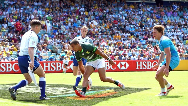 Sea of colour: South Africa's Cheslin Kolbe touches down in front of a huge crowd at Allianz Stadium earlier this month. 