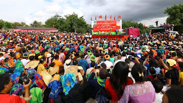 Myanmar opposition leader Aung San Suu Kyi campaigning: she has called for more scrutiny of the national polls, due in November. 