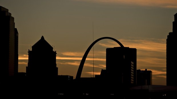 The Gateway Arch, centre, stands ahead of the second US presidential debate at Washington University in St. Louis, Missouri.