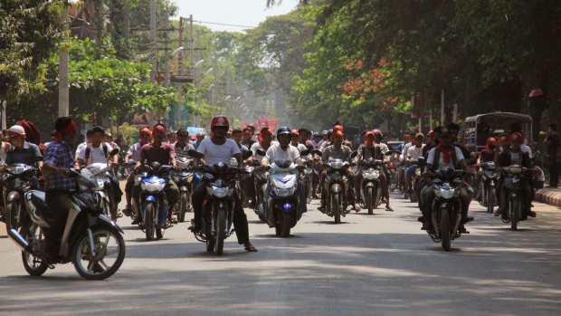 Hard-line Buddhists during a protest march, led by Rakhine State's dominant Arakan National Party, against the government's plan to give citizenship to some members of the persecuted Rohingya Muslim minority community in Sittwe.