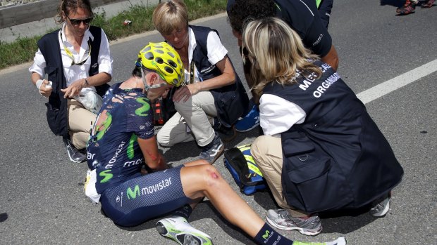 Gorka Izaguirre lies on the ground after crashing during stage seventeen.