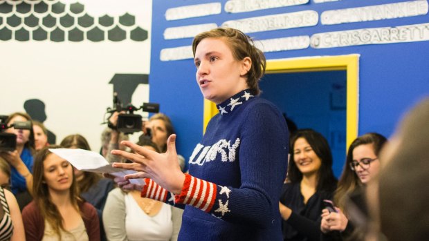 Lena Dunham speaks to a crowd at a Hillary Clinton campaign office in January.