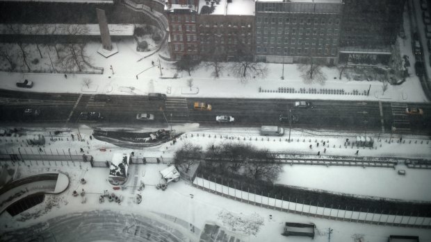 View from above: Non-emergency traffic has been banned from the roads.
