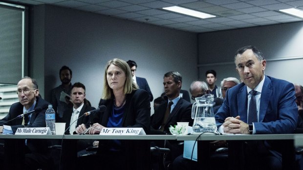 Public hearing: From left, Bill Sample, corporate vice-president of Microsoft worldwide tax, Maile Carnegie, managing director of Google Australia & New Zealand and Tony King, managing director of Apple Australia & New Zealand.
