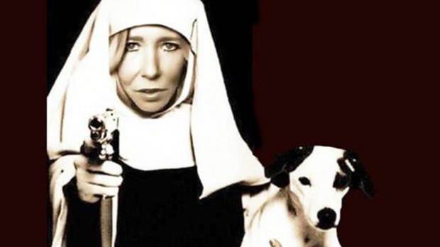 A photoshopped image of a Sally Jones dressed in a nun's habit, holding a gun.