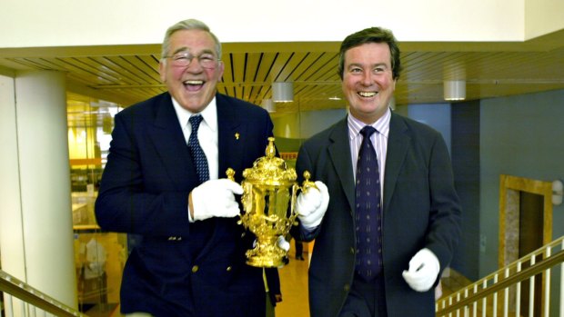 Further honours: Former ARU chief executive John O'Neill (right) with IRB chairman Syd Millar and the Rugby World Cup.