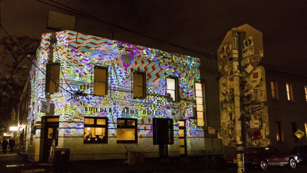 The work of Kate Geck can be seen on the Builders Arms Hotel for the Gertrude Street Projection Festival.