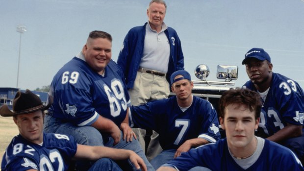 Ron Lester, pictured middle left, was in the cast of 1999 film Varsity Blues, starring James Van Der Beek (front right) and Jon Voight (rear).