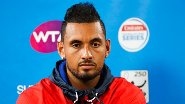 Nick Kyrgios speaks to the media at the Brisbane International ahead of his opening clash with fellow Australian Matthew Ebden on Tuesday or Wednesday on Pat Rafter Arena.
