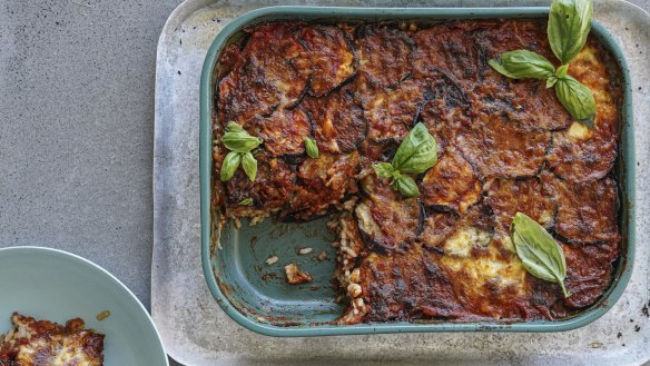 Eggplant bake meets saffron risotto.