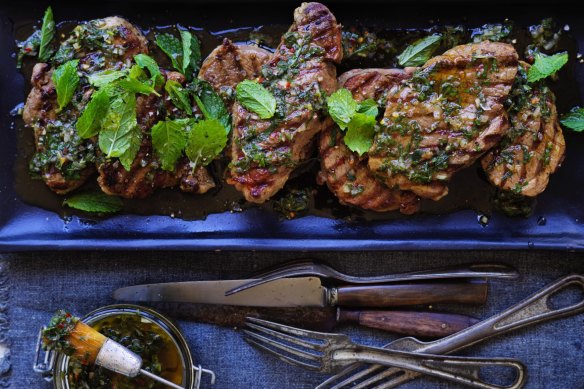 Keep sauces and fresh herbs handy, for finishing dishes such as Argentinian-style lamb steaks with mint chimichurri (pictured).