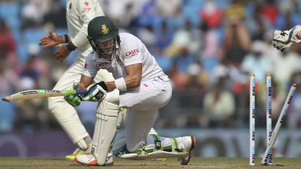 Faf du Plessis, joint top-scorer in South Africa's second innings, is bowled by Amit Mishra.