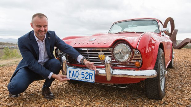 Chief Minister Andrew Barr announced the brand new slogan for ACT number plates 'Canberra - The Bush Capital' at the National Arboretum on Tuesday.