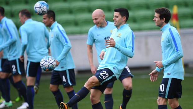 The Socceroos training at AAMI Park in Melbourne on Sunday ahead of their game against Thailand in Tuesday.