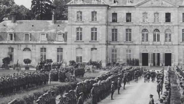 The arrival of King George V at General Sir John Monash's Headquarters at Bertangles in 1918.