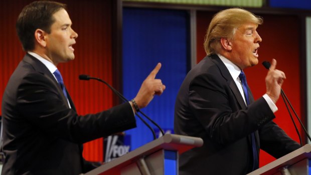 Republican presidential candidates Senator  Marco Rubio businessman Donald Trump argue during the debate at Fox Theatre, on Thursday.