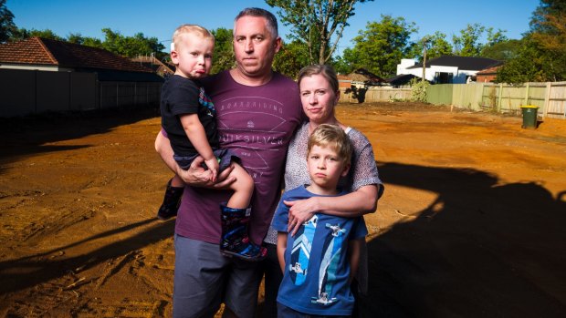 Anthony Steve, and Clare Steve with their kids Oliver Steve (3) and Alexander Steve (7) paid $1.6 million for a Mr Fluffy block however asbestos has been found on the land