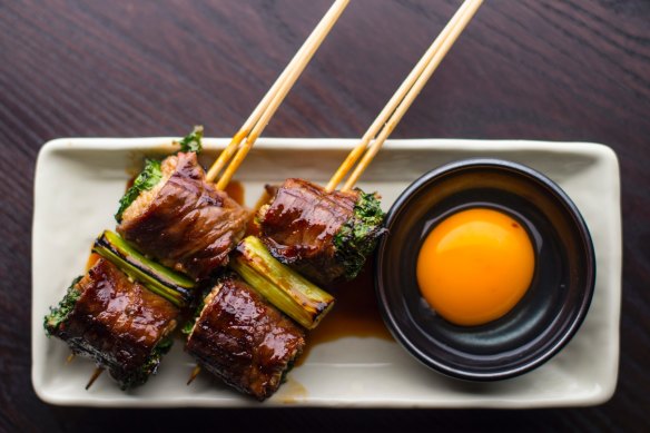 Sukiyaki skewer (wagyu beef) with raw egg yolk at  Goryon-San.