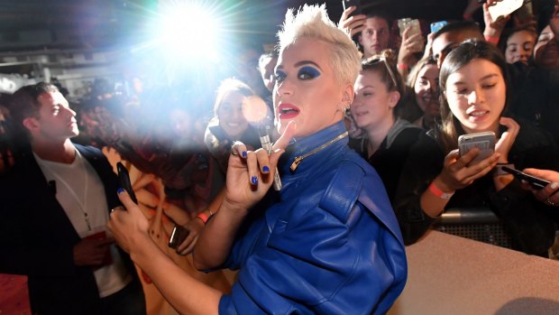 Katy Perry greets fans at Myer's Sydney City store on Friday.