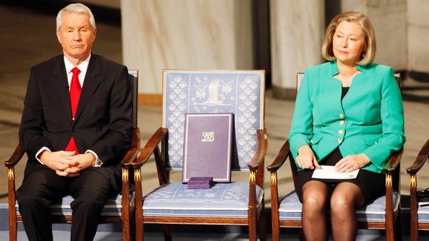 An empty chair with the Nobel Peace prize and diploma for Liu Xiaobo at a ceremony honouring Liu in Oslo, Norway, in 2008. 