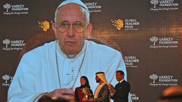 Pope Francis, who spoke of the importance of education in his video message announcing the winner of the second annual Global Teacher Prize.