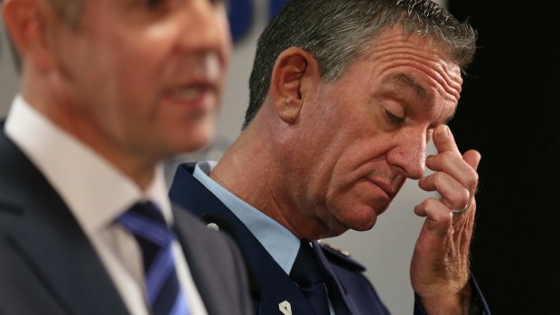 NSW Police Commissioner Andrew Scipione (right) and NSW Premier Mike Baird front the media after shooting at Parramatta.