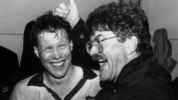 Halcyon days: Nick Farr-Jones and coach Bob Dwyer enjoy victory over the All Blacks in Wellington in 1990.