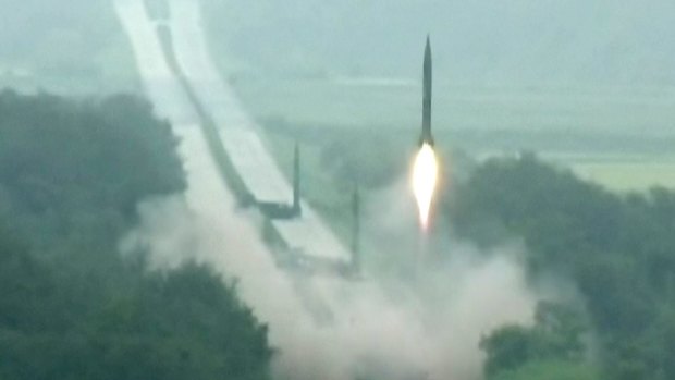 A missile is launched during a drill at an undisclosed location in North Korea. 