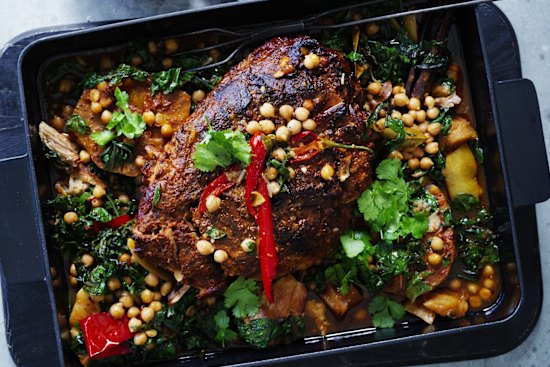 Slow-cooked pork shoulder and celeriac with braised chickpeas and silverbeet.