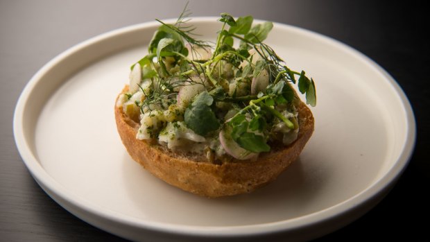 Go-to snack: Toothfish sandwich with padron peppers and watercress.