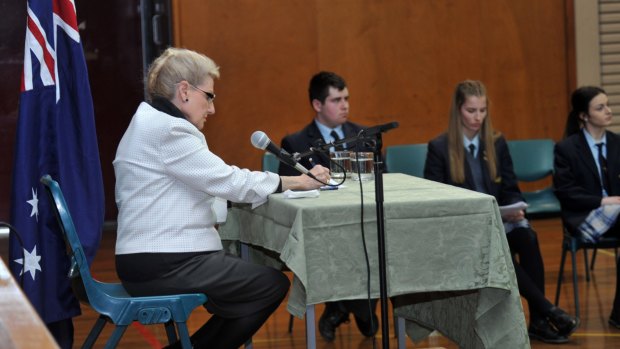 Bronwyn Bishop takes part in a mock parliament in Traralgon