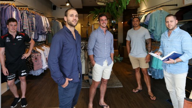 Post-football plans: Dragons winger Jason Nightingale (second from left) with Luke Keary,  Justin Hunt, Tyson Frizell and business owner Anthony Pitt. 
