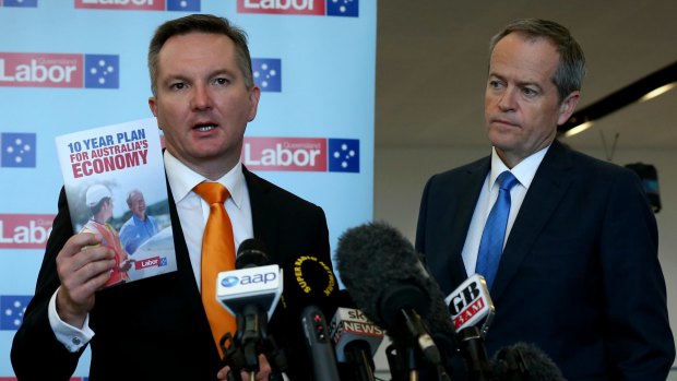 Shadow treasurer Chris Bowen and Opposition Leader Bill Shorten address the media after the Queensland Labor Business Breakfast in Brisbane on Wednesday. 