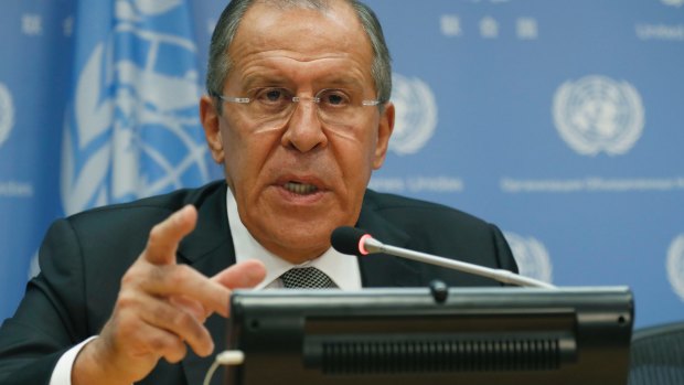 Russian Foreign Minister Sergey Lavrov speaks during a news conference on Friday at the UN headquarters.