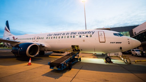 The Rex 737 at Melbourne Airport prior to take-off on the first Melbourne-Sydney flight.