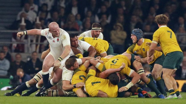 An England scrum collapses during the Rugby World Cup Pool A match between England and Australia at Twickenham in London on October 3.