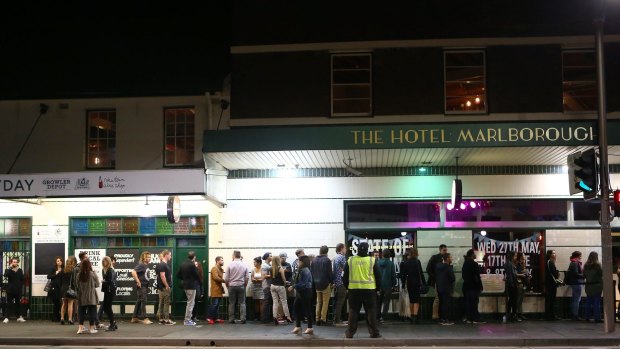 Crowds outside the Marlborough Hotel in Newtown, which is open until 4am.