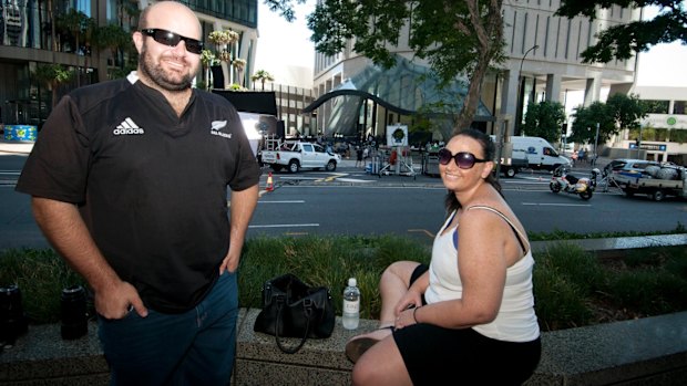 Jeff Facoory and Tia Kiel watching the shoot in Brisbane's CBD where the new sci-fi monster film Pacific Rim: The Maelstrom is filmed.