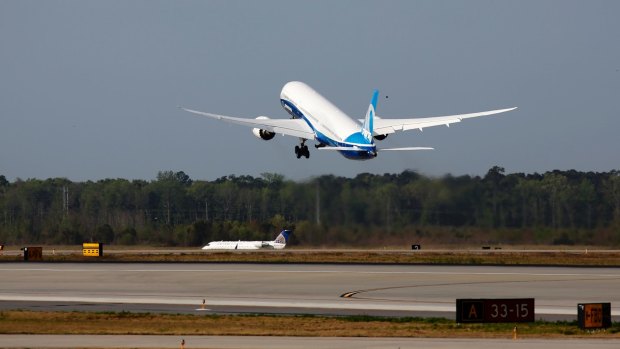 The new Boeing 787-10 Dreamliner lifts off from the runway during its first flight ceremony at Charleston International Airport in North Charleston.