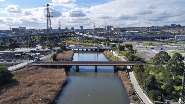 Moonee Ponds Creek between Dynon and Footscray roads, the location for a Spaghetti junction.