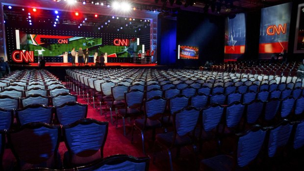 Preparations ahead of CNN's Democratic presidential debate at the Wynn Las Vegas. Few observers believe the event will be as combative as the earlier Republican debates.
