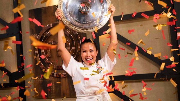 Diana Chan celebrates her victory during the 2017 <i>MasterChef</i> grand final.
