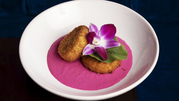 Yoghurt kebab, crisp croquettes filled with spiced curd-like yoghurt with a beetroot and ginger sauce.