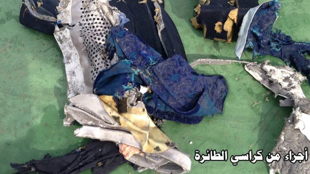 Part of a plane chair from EgyptAir flight 804. Search crews found floating human remains, luggage and seats from the doomed EgyptAir jetliner.